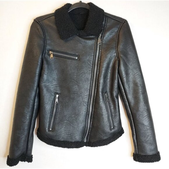 AC Luxury Collection Leather Shearling Jacket Women’s S Black Moto Made in Italy - Picture 1 of 15